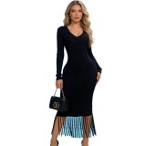 Women's Solid Color Sexy V-Neck Single-Breasted Fringe Hem Bodycon Knitted Long Dress