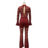 Fall Women's Fashion Sexy Cut-Out Lace Bell Sleeve Jumpsuit