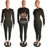 Fall/Winter Women's Sexy Cut-Out Lace-Up Hoodie Pants Two-Piece Set