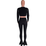 Fall/Winter Women's Sexy Cut-Out Lace-up Long-Sleeve Bell Bottom Two-Piece Pants Set