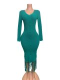 Women's Solid Color Sexy V-Neck Single-Breasted Fringe Hem Bodycon Knitted Long Dress