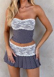 Women's Polka Dot Lace Trim Fitted Strapless Top & Mini Skirt Two-Piece Set