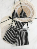 Women's Knitted Striped Square-Leg Shorts Bikini Three-Piece Swimsuit Set