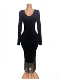 Women's Solid Color Sexy V-Neck Single-Breasted Fringe Hem Bodycon Knitted Long Dress