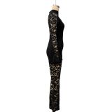 Fall Women's Fashion Sexy Cut-Out Lace Bell Sleeve Jumpsuit