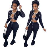 Fall/Winter Women's Sexy Cut-Out Lace-up Long-Sleeve Bell Bottom Two-Piece Pants Set