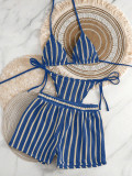 Women's Knitted Striped Square-Leg Shorts Bikini Three-Piece Swimsuit Set
