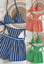 Women's Knitted Striped Square-Leg Shorts Bikini Three-Piece Swimsuit Set Women's Knitted Striped Square-Leg Shorts Bikini Three-Piece Swimsuit Set