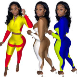 Women's Sexy Casual Colorblock Open-Waist Two-Piece Pants Set