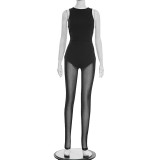 Spring Women's Solid Color Sexy Ruched Sleeveless Patchwork Mesh Slim Jumpsuit