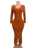 Women's Solid Color Sexy V-Neck Single-Breasted Fringe Hem Bodycon Knitted Long Dress