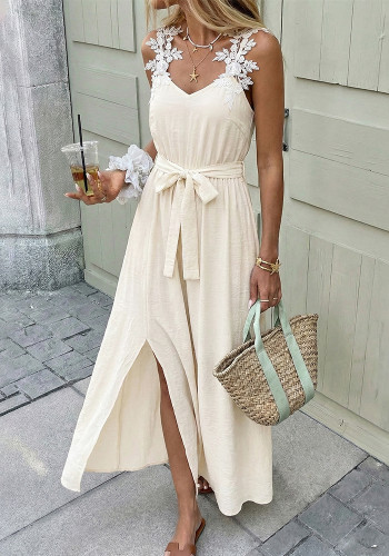 Summer Women's Floral Tie Strap Slim Waist Split Maxi Dress