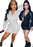Fall/Winter Women's Fashion Lace-Up Solid Color Slim High-Waist Hooded Dress