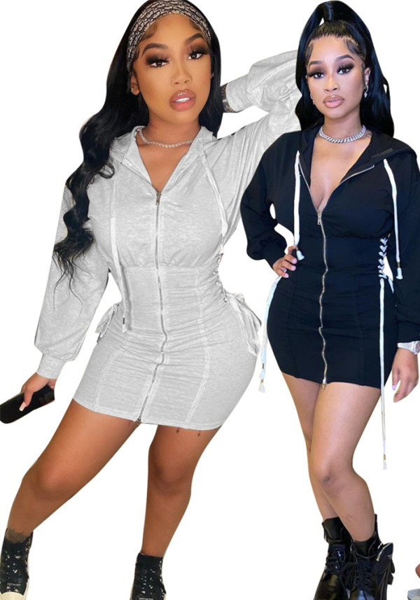 Fall/Winter Women's Fashion Lace-Up Solid Color Slim High-Waist Hooded Dress
