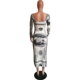 Women's Sexy Low Back U-Neck Dollar Print Asymmetrical Long-Sleeve Dress