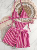 Women's Knitted Striped Square-Leg Shorts Bikini Three-Piece Swimsuit Set