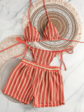Women's Knitted Striped Square-Leg Shorts Bikini Three-Piece Swimsuit Set