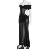 Winter Women's Solid Color Slim Sexy Off-Shoulder Patchwork Evening Dress