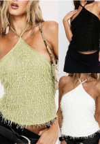 Women's Solid Color Sexy Furry Sequin Halter Neck Tie Sleeveless Cropped Tank Top