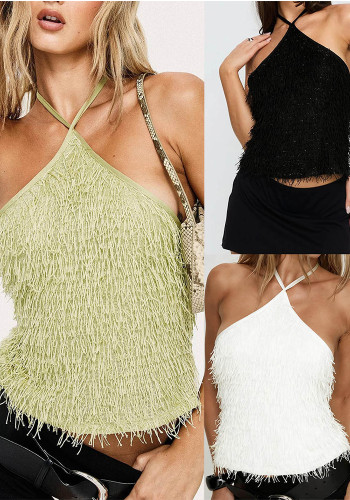 Women's Solid Color Sexy Furry Sequin Halter Neck Tie Sleeveless Cropped Tank Top
