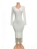 Women's Solid Color Sexy V-Neck Single-Breasted Fringe Hem Bodycon Knitted Long Dress