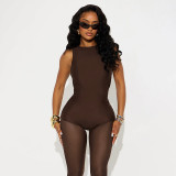 Spring Women's Solid Color Sexy Ruched Sleeveless Patchwork Mesh Slim Jumpsuit