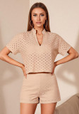 Women's Solid Color Cut-Out Short-Sleeve Top & Shorts Two-Piece Set