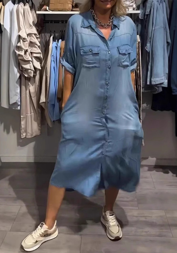 Women's Fashion Casual Loose Solid Color Denim Short-Sleeve Shirt Dress
