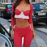 Women's Polka Dot Sexy Halter Neck Strapless Half-Sleeve Capri Three-Piece Set