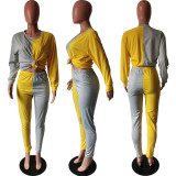 Fall/Winter Women's Patchwork Colorblock Slim Fit Casual Long-Sleeve Two-Piece Pants Set