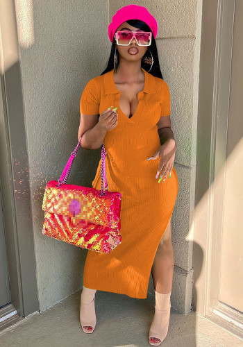 Women's Fashion Ribbed V-Neck Split Dress