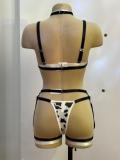Women Cow Spot Print Sexy Halter Neck Uniform Lingerie Two Pieces