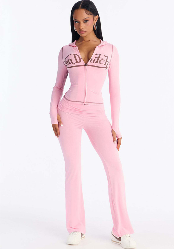 Women Letter Print Long-Sleeve Jacket and Pants Two-Piece Set