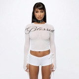Women Round Neck Long-Sleeved Letter Print T-Shirt Blessed Shorts Two-Piece Set