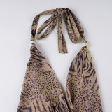 Women V-Neck Leopard Print Tie-Up Halter Neck Top and Shorts Two-Piece Set