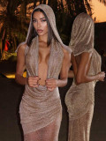 Women Sexy Backless Hooded V-Neck Sleeveless Dress