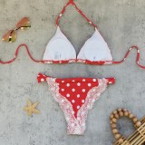 Women Sexy Lace Polka Dot Lace-Up Two Pieces Swimwear