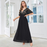 Women Black V-Neck Patchwork Party Dress