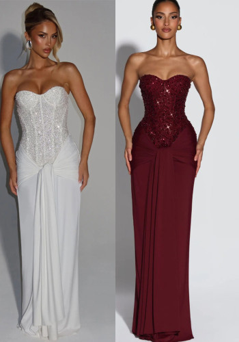 Women Sexy Lace-Up Sequined Beaded Strapless Herringbone Bodycon Dress