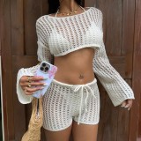 Women Solid Sexy Knitting Hollow-Out Beach Bikini Cover-Up Swimwear Two-Piece Set
