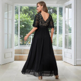 Women Black V-Neck Patchwork Party Dress