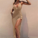 Women Solid Knitting Hollow-Out Beach Cover-Up Bikini Beach Dress