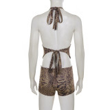 Women V-Neck Leopard Print Tie-Up Halter Neck Top and Shorts Two-Piece Set