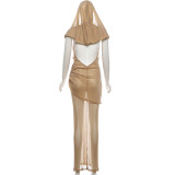 Women Sexy Backless Hooded V-Neck Sleeveless Dress