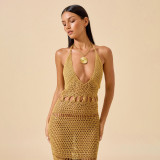 Women Solid Sexy Knitting Hollow-Out Beach Cover-Up Bikini Beach Dress