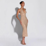 Women Sexy V-Neck Halter Neck Lace-Up Beaded Mesh Maxi Dresses