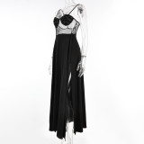 Women sequined see-through mesh patchwork dress