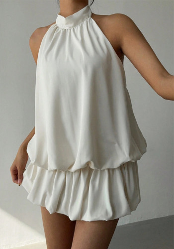 Women Summer Solid Sleeveless Backless Sexy Beach Holidays French Style Dress