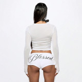 Women Round Neck Long-Sleeved Letter Print T-Shirt Blessed Shorts Two-Piece Set