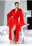 Women V-Neck Tie-Up Tassel Bell Bottom Sleeve Robe